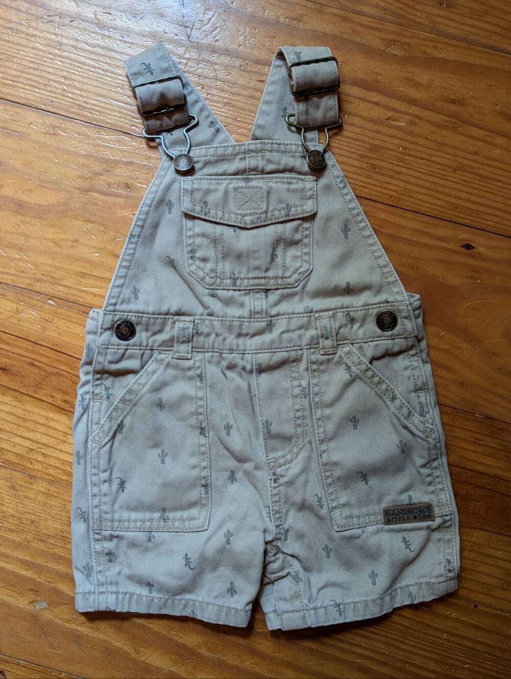 Carter's 6mo Tan Short Overalls with Subtle Green Desert Cactus And Lizard Print